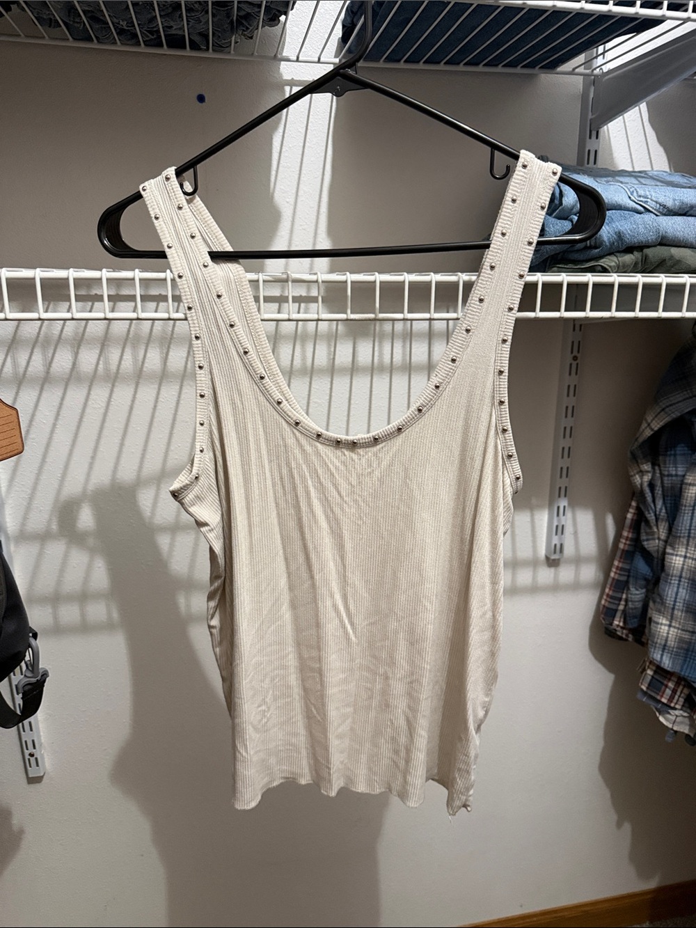 POL Cream Ribbed Stud-Trim Tank Top